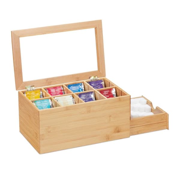 Relaxdays Te box, bambu, flexibla fack, visningsfönster, låda, HLP 14,5 x 31 x 19 cm, natur