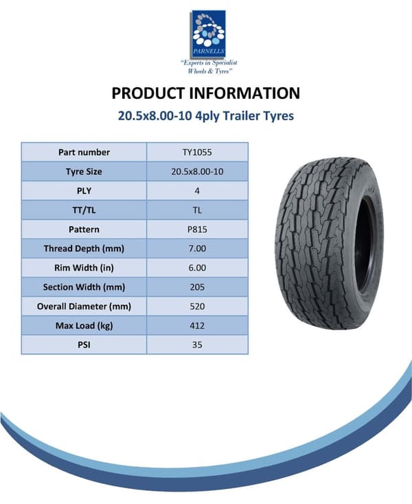 20.5x8.0-10 Trailerhjul 100mm PCD Wanda P815 Road Legal 412kg Load (sæt med 3)