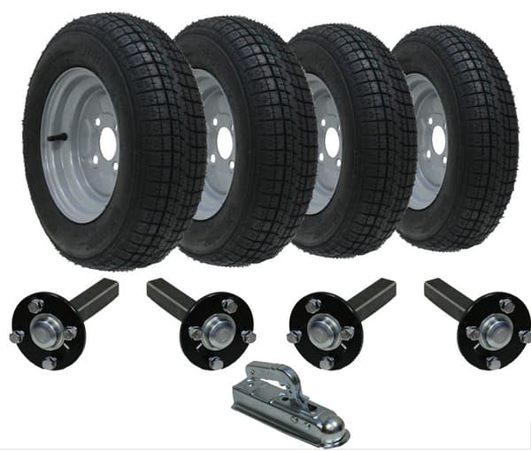 Sæt med 4 - 145x10 Wanda WR068 Trailer Wheel 4/100mm & Hub & Stub Axle 4/100 M12 Wheel Bolt 35x35mm Hi Speed & Alko 750 kg Presset Hitch