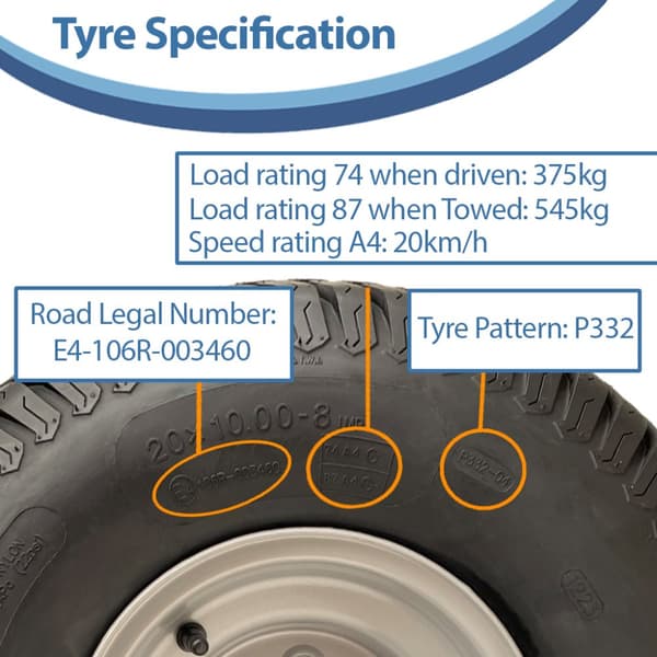 20x10.00-8 ATV Trailer Kit Wanda P332 Grass Wheels Hub & Stub Axles, Hitch 750kg