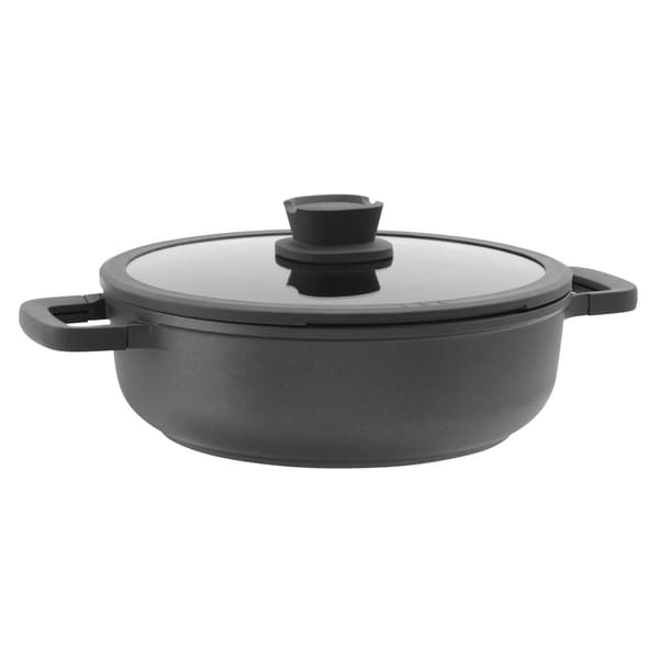 BergHOFF 28 cm kannellinen wokkipannu - Stone+ -sarja induktiopohjalla ja lasikannella, jossa on siivil.