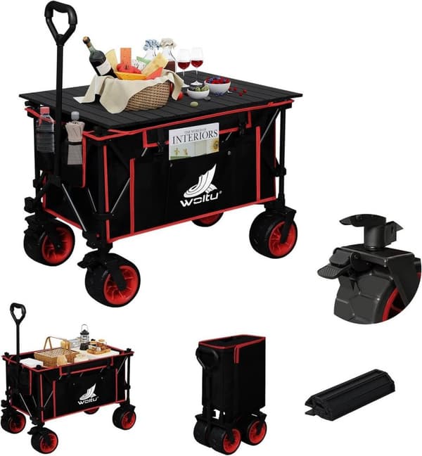 Rootz foldbar håndvogn med bordplade - Bærbar hjælpevogn - Udendørsvogn - Alsidigt 2-i-1-design - Terrænhjul - Holdbar konstruktion - 92 cm x 97 cm x