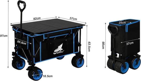 Rootz hopfällbar handvagn med bordsskiva - Bärbar nyttovagn - Utomhusvagn - Mångsidig 2-i-1-design - Terränghjul - Hållbar konstruktion - Utfälld: 92