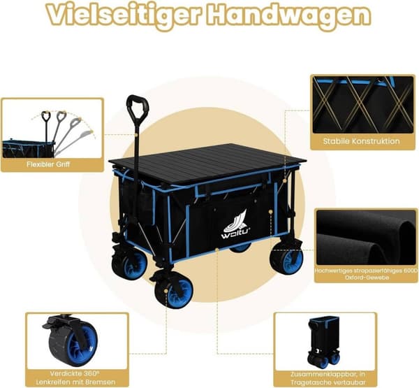 Rootz hopfällbar handvagn med bordsskiva - Bärbar nyttovagn - Utomhusvagn - Mångsidig 2-i-1-design - Terränghjul - Hållbar konstruktion - Utfälld: 92