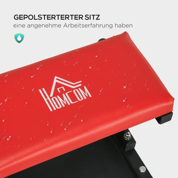 Rootz værkstedsstol - Mekanisk skammel - Garageskammel - Værktøjsbakke - Glatte hjul - Polstret sæde - Olieafvisende - 38cm x 35cm x 37cm