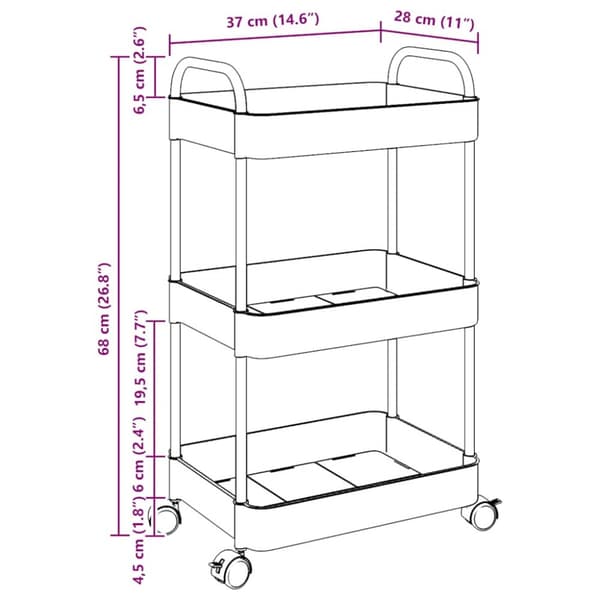 opbevaringsvogn i 3 niveauer transparent 37x28x68 cm akryl
