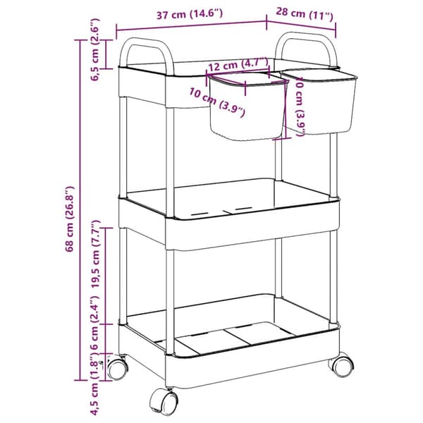 opbevaringsvogn i 3 niveauer transparent 37x28x68 cm akryl