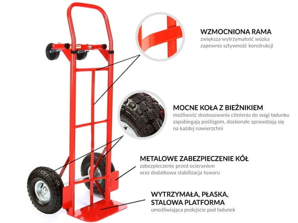 Punainen 2-in-1 Käsikärry & Kuljetuskärry, 250kg Kantavuus, Säädettävä Kahva, Vankat Pyörät