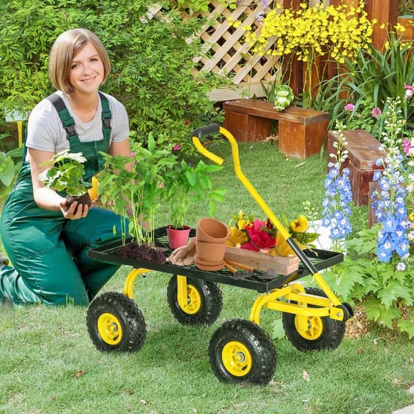 Rootz Garden Cart - Kuljetusvaunu - Käsinkerros 4 pneumaattisella pyörällä - 150 kg: n kapasiteetti - 94 cm x 48,5 cm x 100cm - kelta -musta