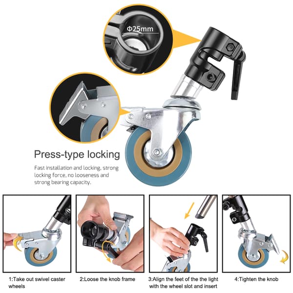 C-Stand Swivel Caster Sæt, 25MM Diameter, Kraftig Rustfrit Stål
