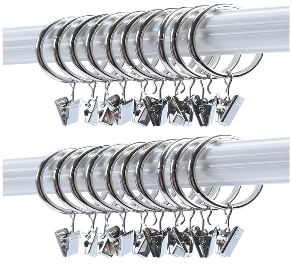 Gardinringar med klämmor i metall 38 mm silver 20-pack