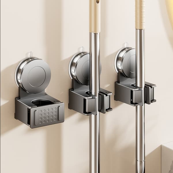 INF Premium Broom Holder Mop Hanger Wall Mount Suction Cup Rack Grå