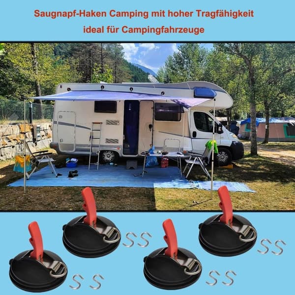 Lollanda 4 kraftige sugekopper med 8 S-kroge, holdbare, til camping og hjem, til campingvogn og presenning