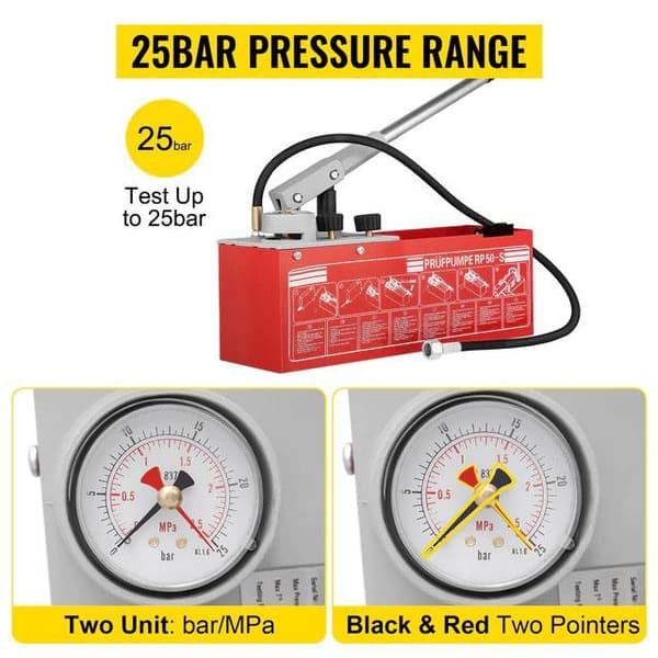 25 bar hydrostatisk trycktestpump med 12L tank, tvåenhetsmätare, tvåventilssystem, förtjockad slang, exakt mätning, lätt att använda