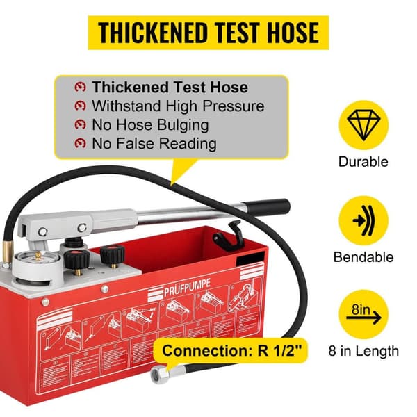 25 bar hydrostatisk trycktestpump med 12L tank, tvåenhetsmätare, tvåventilssystem, förtjockad slang, exakt mätning, lätt att använda