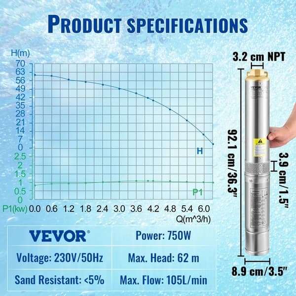 Upotettava vesipumppu, ruostumattomasta teräksestä valmistettu, suuri virtausnopeus, 750W 105L/min