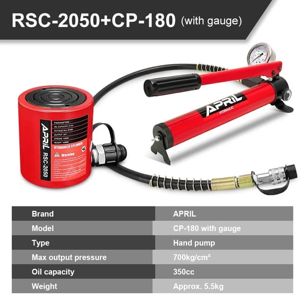 20 Ton Hydraulisk Cylinder, 700 kg/cm² Tryk, 350 cc Oliekapacitet Håndpumpe,0RSC-2050 med CP-1800