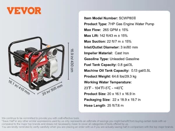 7HK Benzinmotor Vandpumpe, 265 GPM Flow, 3-tommers Indløb/Udløb,3 tommer 265GPM