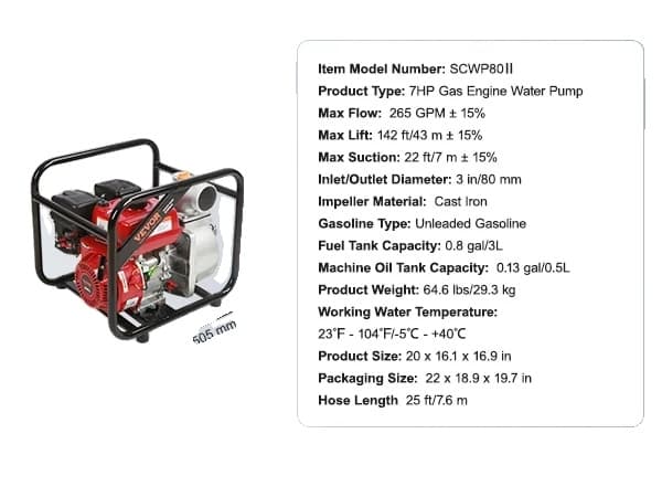 Benzinmotor Vandpumpe, 7HK Kraft, 265 GPM Maksimal Flow,3 tommer 265GPM