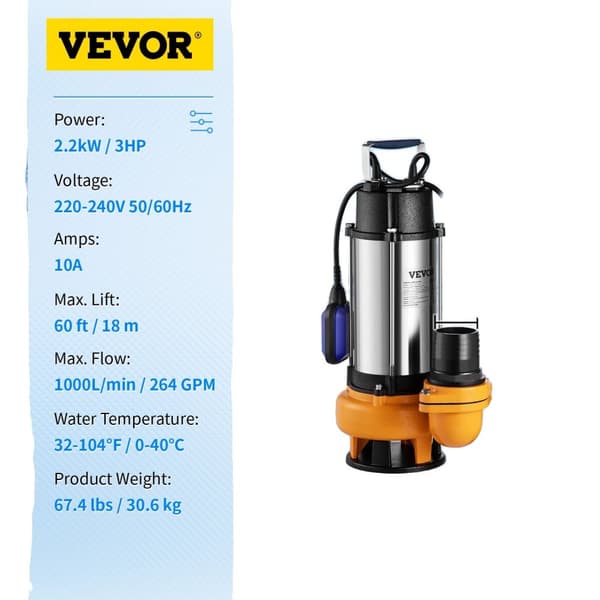 Nedsænkbar vandpumpe, 2200W 3HK, Maksimalt flow 1000L/min, 60 ft løft,2200W 3HK