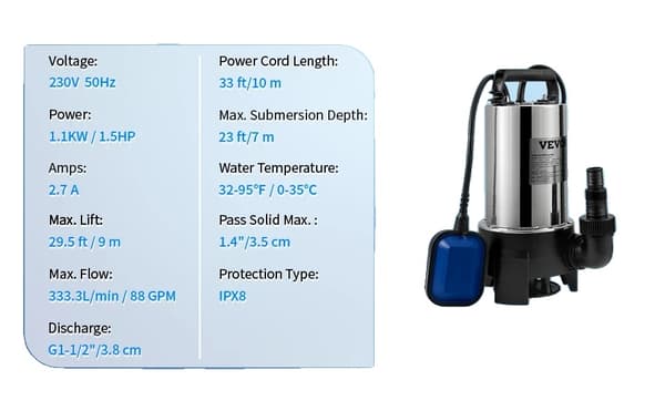 Nedsænkelig Vandpumpe, 1100W 1,5HK, 88 GPM Maksimal Flow,1100W 1,5HK