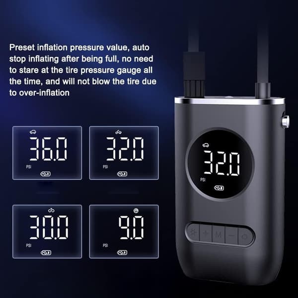 Däckinflator Bärbar luftkompressor, Max 150 PSI elektrisk luftpump med Auto-Stop Design, Smart luftpump med LED-ljus, sladdlös däckpump