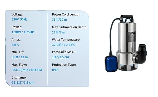 Nedsænkelig Vandpumpe, 1,3 KW Effekt, 333,3 L/min Flow Rate,1300W