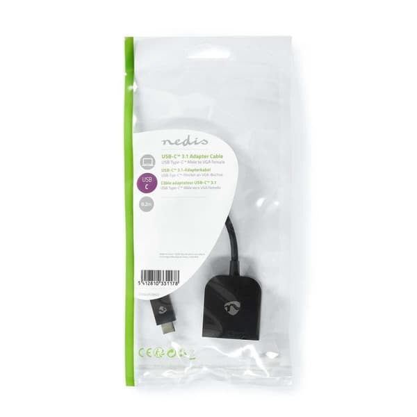 Nedis USB-C™ Adapter | USB 3.2 Gen 1 | USB-C™ Hane | VGA hona 15p | 1920x1200 | 5 Gbps | 0.20 m | Rund | Nickelplaterad | PVC | Svart | Plastpåse