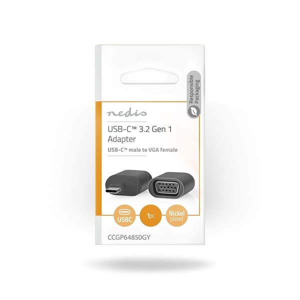 Nedis USB-C™ Adapter | USB 3.2 Gen 1 | USB-C™ Han | VGA Hun | Full HD 1080p | Runde | Nikkelplateret | Grå / Sort | Konvolut