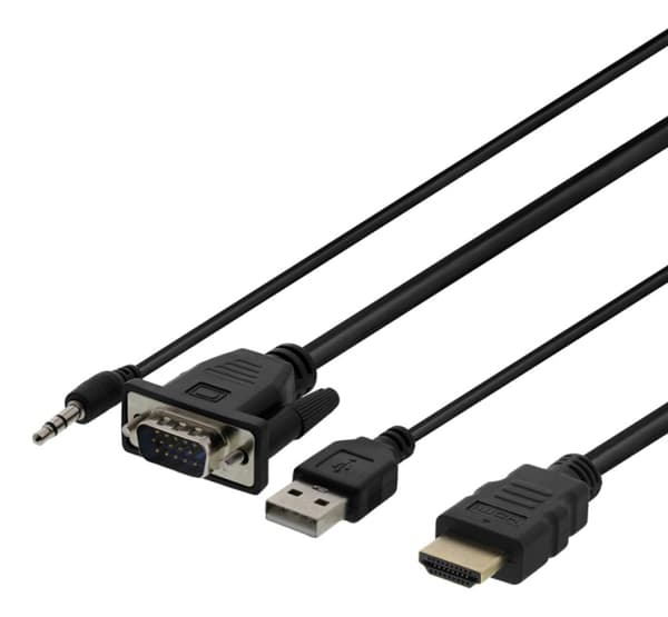 DELTACO VGA til HDMI- og lydkabel, 2 m, FHD, strømtilførsel via USB, svart