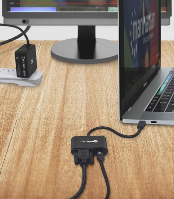 Manhattan USB-C till USB-C (med strömförsörjning) och VGA-omvandlarkabel, 1080p, 5 Gbps (USB 3.2 Gen 1), Thunderbolt 3-kompatibel, 19,5 cm, hane till
