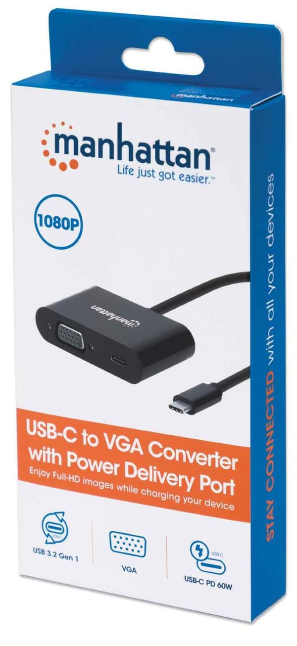 Manhattan USB-C till USB-C (med strömförsörjning) och VGA-omvandlarkabel, 1080p, 5 Gbps (USB 3.2 Gen 1), Thunderbolt 3-kompatibel, 19,5 cm, hane till