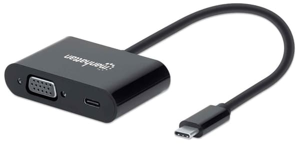 Manhattan USB-C til USB-C (med strømforsyning) og VGA-konverterkabel, 1080p, 5 Gbps (USB 3.2 Gen 1), Thunderbolt 3-kompatibel, 19,5 cm, han til hun, s Sort