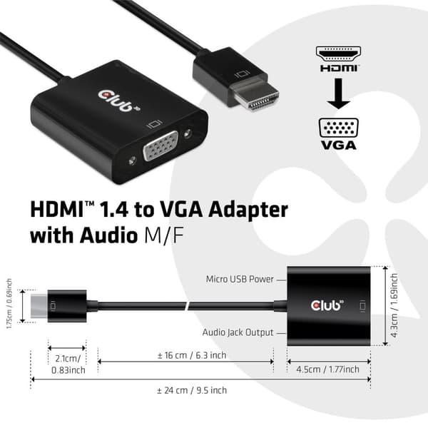 Club 3D CAC-1302 - Video interface konverter - HDMI / VGA - HDMI (M) til HD-15 (VGA), Stereo mini-jackstik, Micro-USB Type B - 1080p understøttelse, a