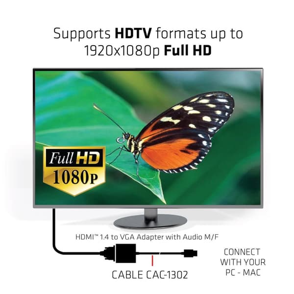 Club 3D CAC-1302 - Video interface konverter - HDMI / VGA - HDMI (M) til HD-15 (VGA), Stereo mini-jackstik, Micro-USB Type B - 1080p understøttelse, a