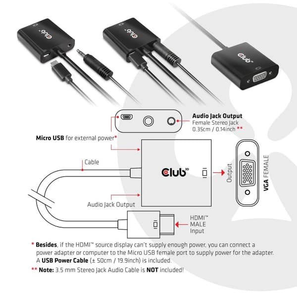 Club 3D CAC-1302 - Video interface konverter - HDMI / VGA - HDMI (M) til HD-15 (VGA), Stereo mini-jackstik, Micro-USB Type B - 1080p understøttelse, a