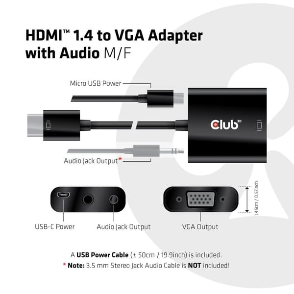 Club 3D CAC-1302 - Video interface konverter - HDMI / VGA - HDMI (M) til HD-15 (VGA), Stereo mini-jackstik, Micro-USB Type B - 1080p understøttelse, a