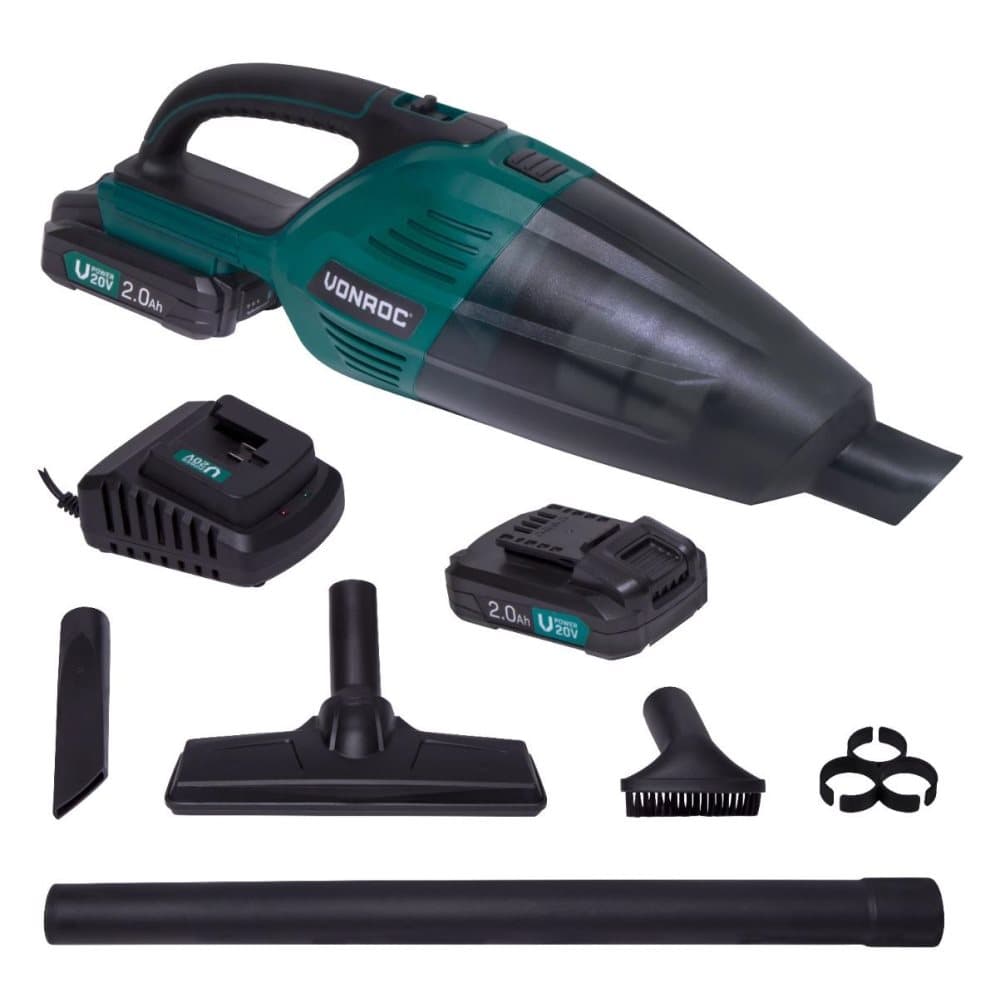 VONROC Kraftfull batteridriven dammsugare 20V - 2.0Ah | 2st batterier och snabbladdare