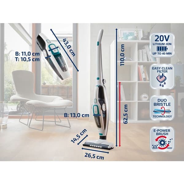 Trådlös 2-i-1 golvdammsugare Leifheit Regulus PowerVac 11925, multifunktionell dammsugare 20V, batteritid 40min, vit