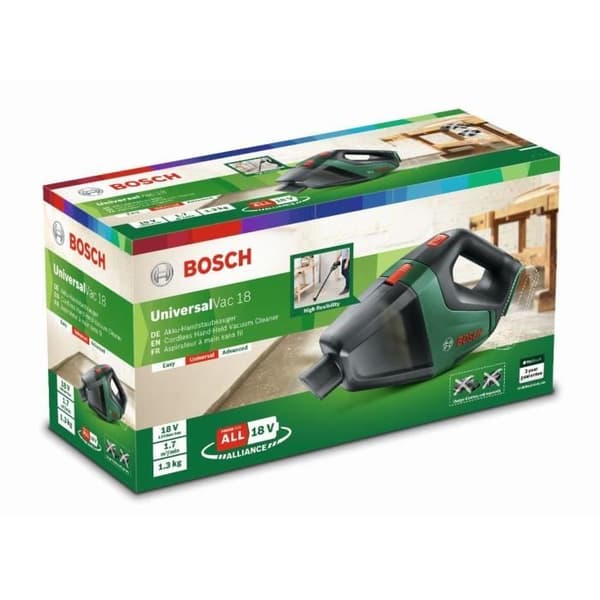 Bosch sladdlös handdammsugare - Endast UniversalVac 18 verktyg - Grön - Bin (utan påse) - Vakuumtryck 9 kPa