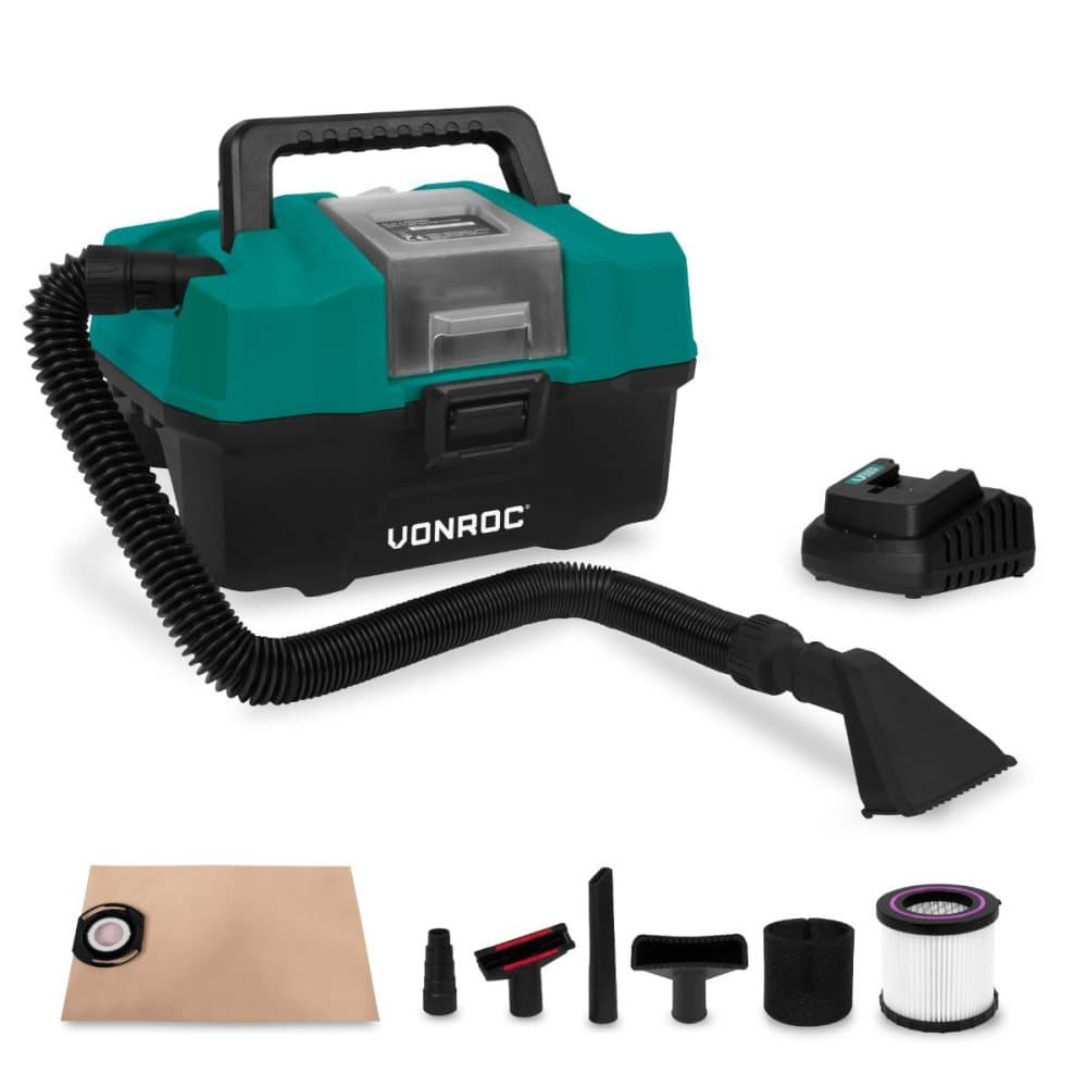 VONROC Bärbar dammsugare 20V - 4.0Ah | Inkl. Tillbehör, batteri och snabbladdare