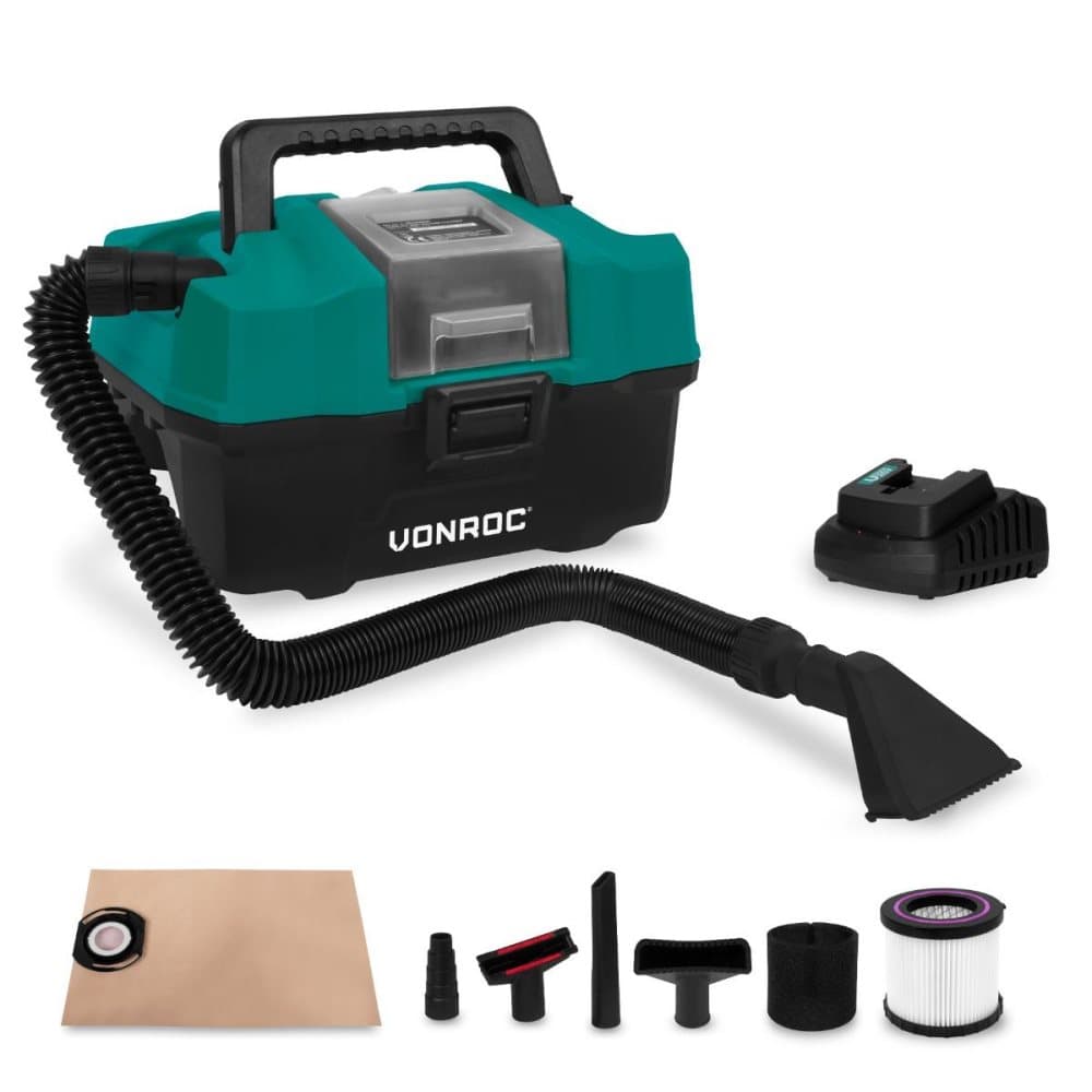 VONROC Bärbar dammsugare 20V - 2.0Ah | Inkl. Tillbehör, batteri och snabbladdare