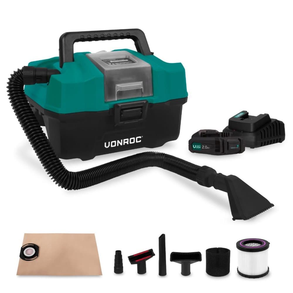 VONROC Bärbar dammsugare 20V - 2.0Ah | Inkl. Tillbehör, 2x batterier och snabbladdare