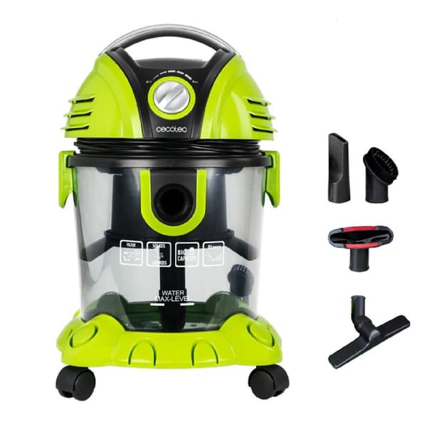 Cecotec Vacuum cleaner for solids and liquids, 1400 W, blow function and power regulator. Metallic tube. 15-litre capacity. Svart, Ljusgrön