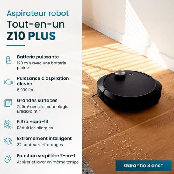 Ansluten robotdammsugare och mopp med EZICLEAN allt-i-ett Z10 Plus tömningsbas - 240 min - 6000pa - 180m² - 1,5L
