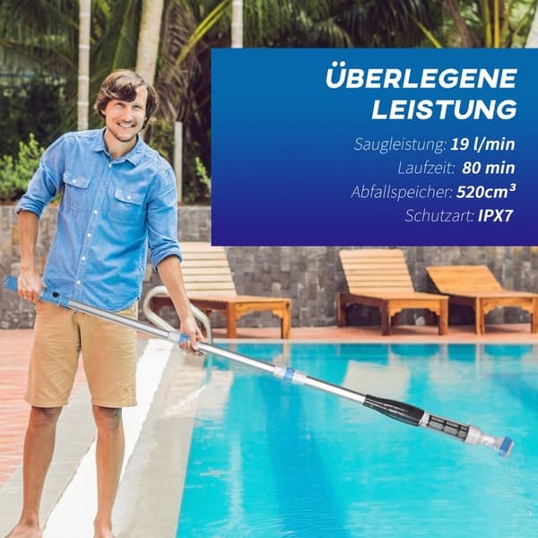 Rootz poolstøvsuger - Trådløs poolrens - Letvægts poolstøvsuger - Trådløs betjening - Høj sugekraft - Længdejusterbart håndtag - Ø6 x 106-162H cm - AB