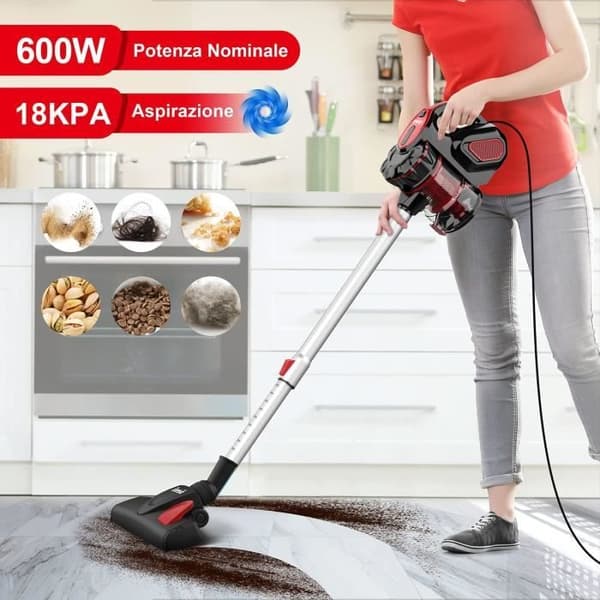 Kvastdammsugare med sladd, INSE, I5, 18Kpa, 600W. Röd. 1 L dammbehållare, 2 x 1,6 M nätsladd. 80dB