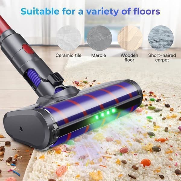 Borste kompatibel för Dyson V7 V8 V10 V11 V15 V16, direktdriven rengöringsturboborstetillbehör med 4 LED-lampor