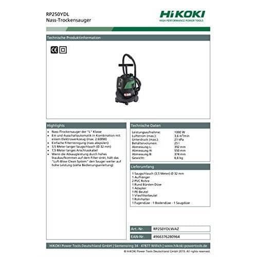 Elektrisk dammsugare - HIKOKI - 51116376 - 1000W - 25L - Torr med/utan påse
