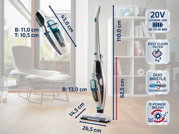 Trådlös 2-i-1 golvdammsugare Leifheit Regulus PowerVac 11925, multifunktionell dammsugare 20V, batteritid 40min, vit
